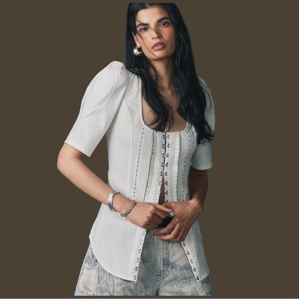 Anthropologie White Lace-Up Corset Blouse